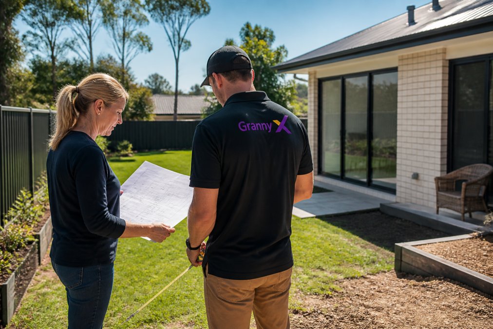 Builder and homeowner reviewing site plans for secondary dwellings Melbourne in a backyard assessment