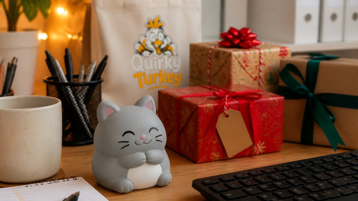 A cheerful office desk scene with a colourful squishy cat stress toy sitting beside a keyboard and mug, with fairy lights and wrapped Secret Santa gifts in the background, shot in warm natural light