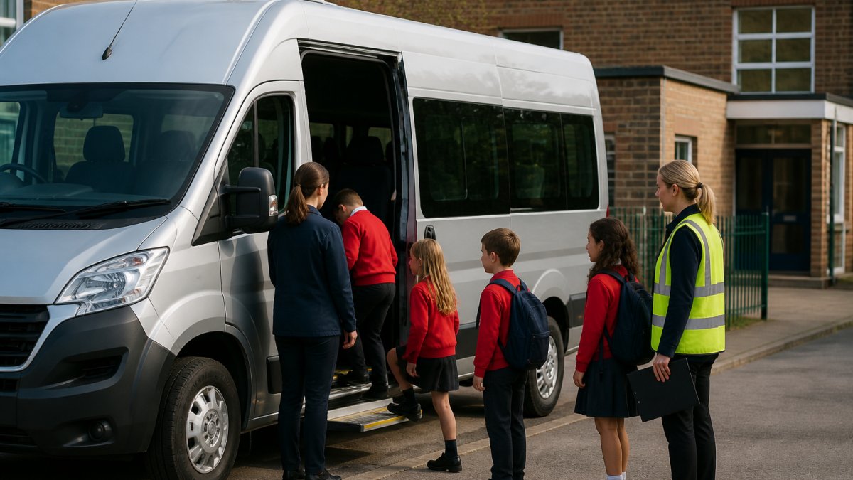 A modern minibus parked outside a school building with staff and young passengers boarding, showing a compliant vehicle in operational use with natural daylight