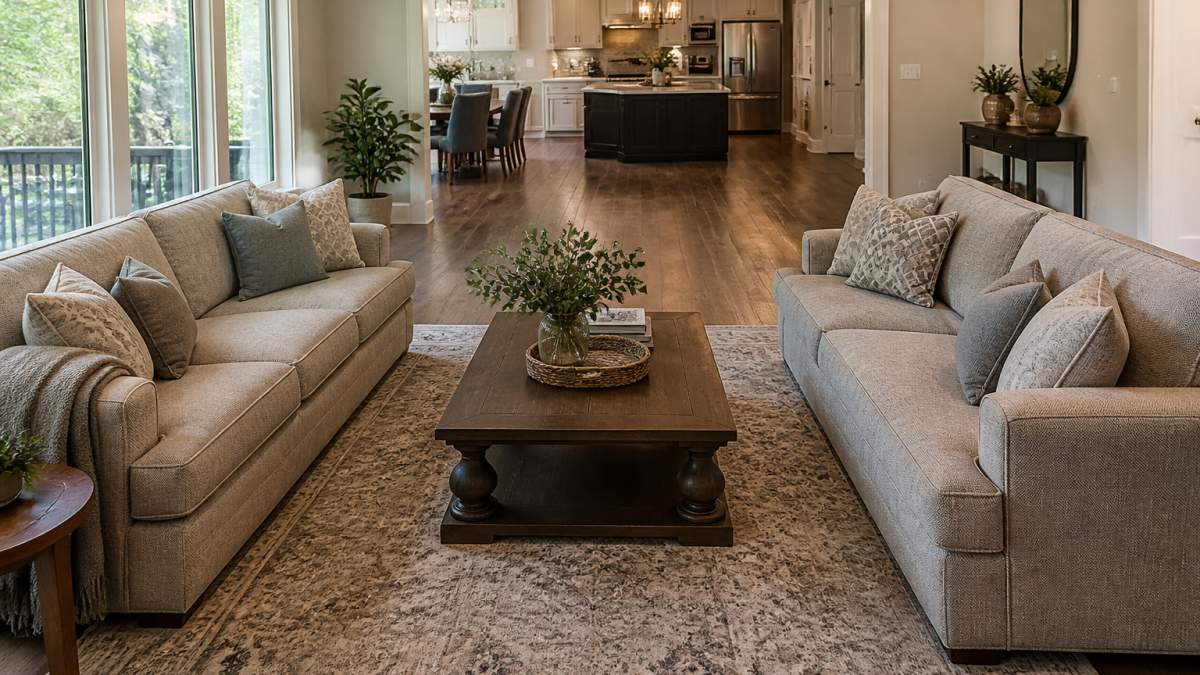 A living room with two matching sofas facing each other across a coffee table, creating a conversation area, with a walkway clearance behind one sofa leading to an open-plan kitchen