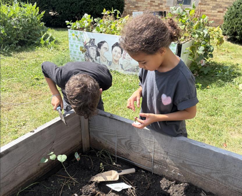Children engaged in hands-on learning activities in a community garden, examining soil and plants