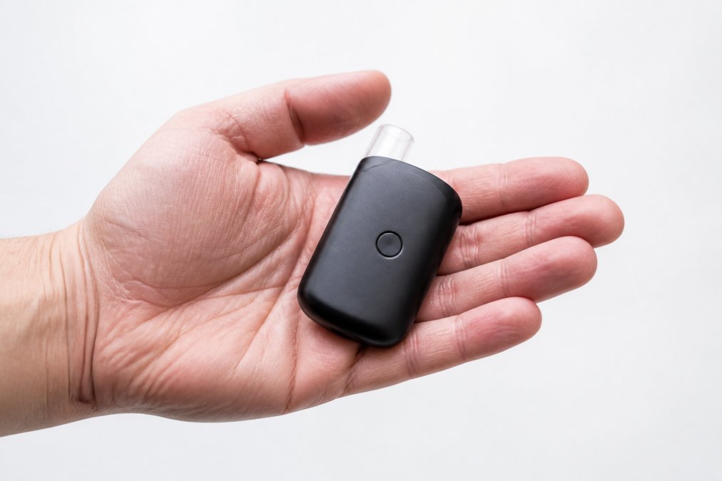 Close-up of a small, pocket-sized breathalyzer device resting in an open palm against a clean white background, with soft natural lighting emphasizing its compact size and matte finish