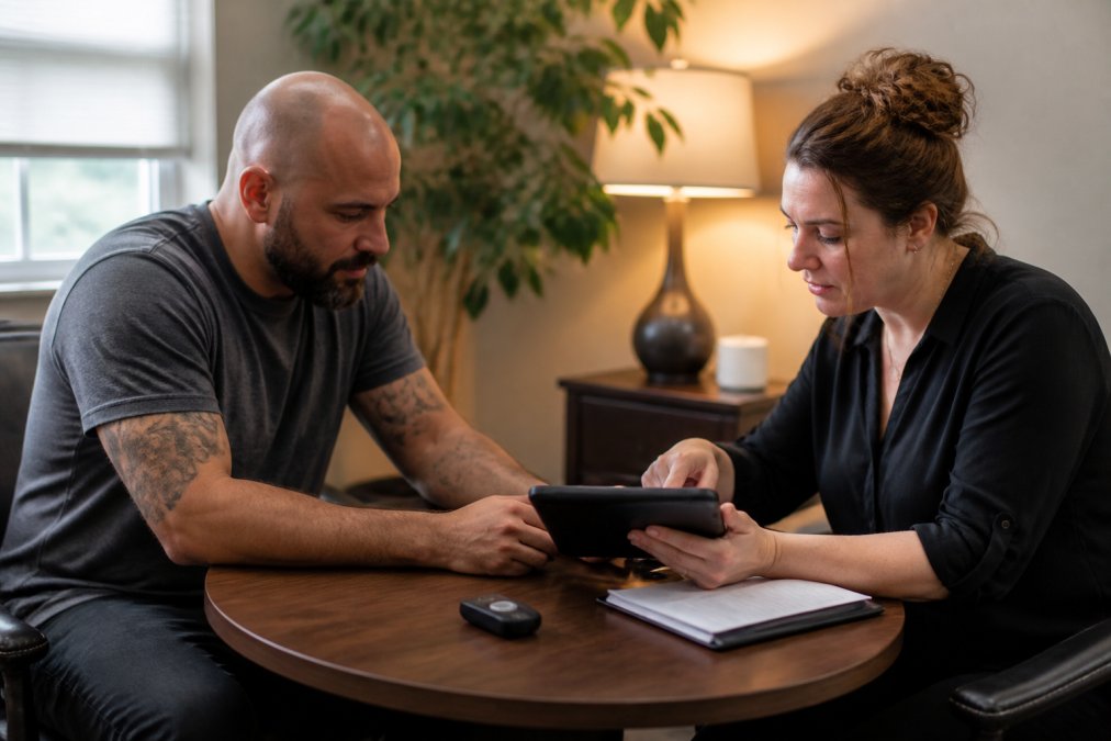 A person and a counselor seated across from each other at a small table in a calm, softly lit private office, both looking at a tablet screen displaying monitoring data, with warm ambient lighting and a plant visible in the background