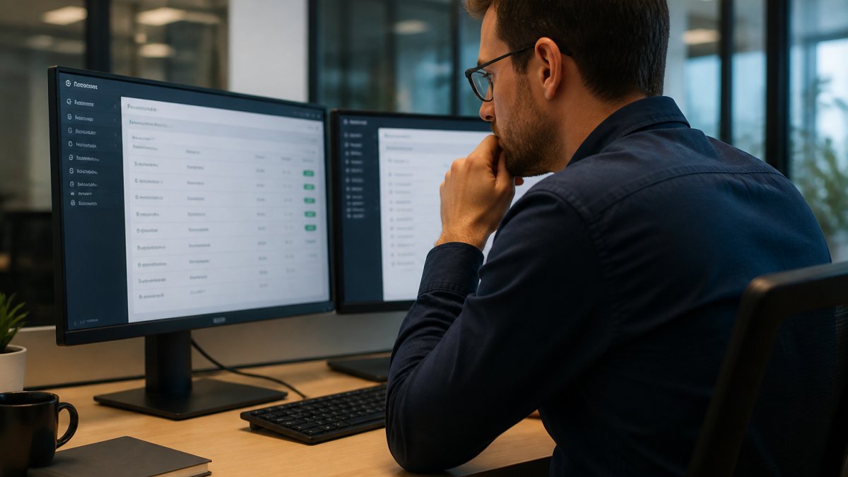 Security engineer reviewing agent credentials and identity policies on a computer screen in a modern enterprise office environment with blue monitor light and organized desk