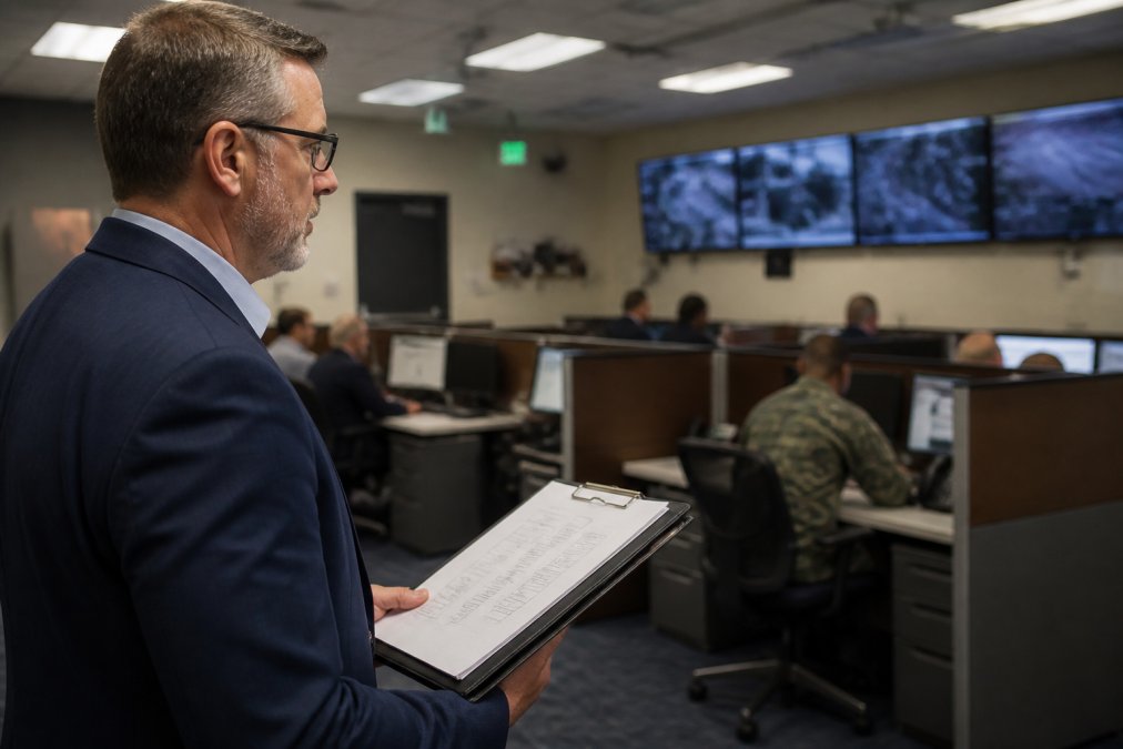 A security architect reviewing multiple monitors displaying network access dashboards and policy enforcement screens in a government operations center, with overhead fluorescent lighting and a wall-mounted threat status board visible in the background