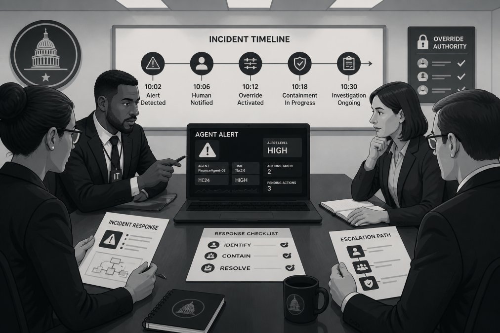 A team of government IT professionals gathered around a conference table reviewing printed incident response documents and a laptop displaying an active alert dashboard, with overhead office lighting and a whiteboard showing an incident timeline in the background