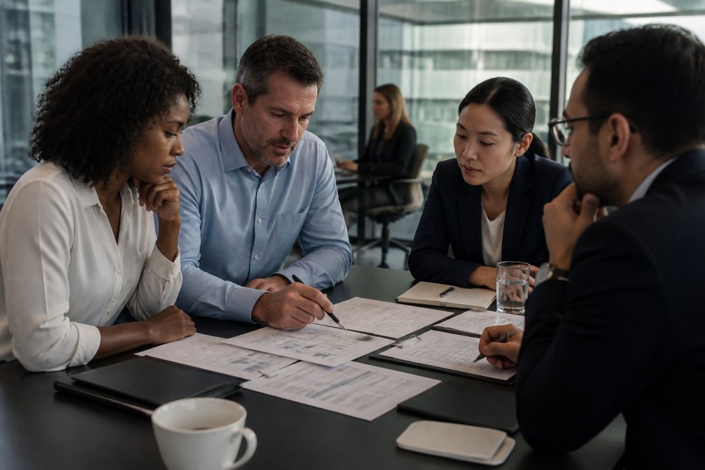 Technical team reviewing autonomous agent incident response procedures and attribution analysis on a dashboard with real-time alert data and decision logs displayed under professional lighting
