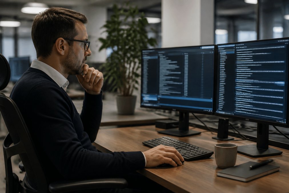 IT security professional reviewing access logs and authentication systems on multiple desktop monitors in a modern office environment, with network diagrams visible on screens