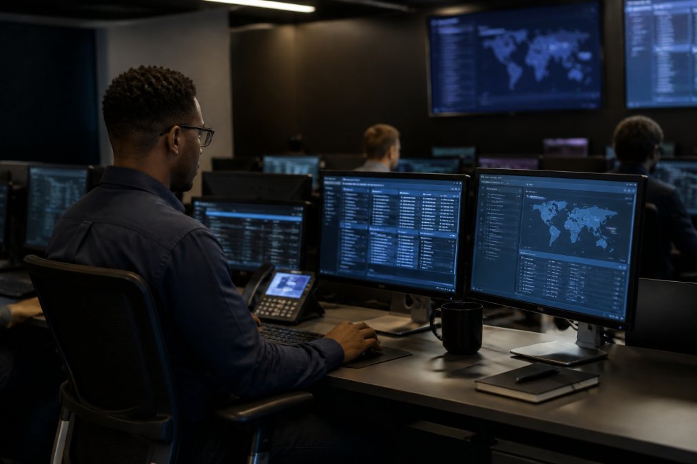Security operations team monitoring multiple threat alert dashboards and network activity screens in a 24/7 command center with dim lighting and focused concentration