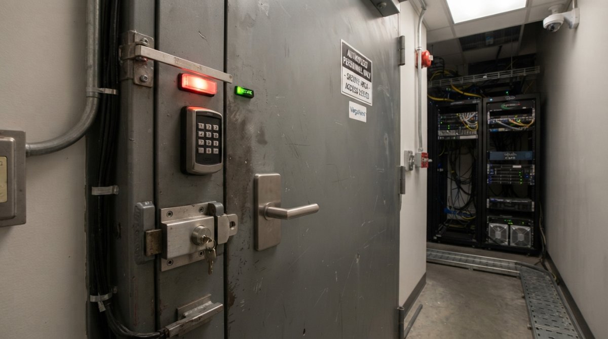 IT security professional monitoring multiple screens in a data center control room, reviewing security alerts and dashboards with blue and green indicator lights