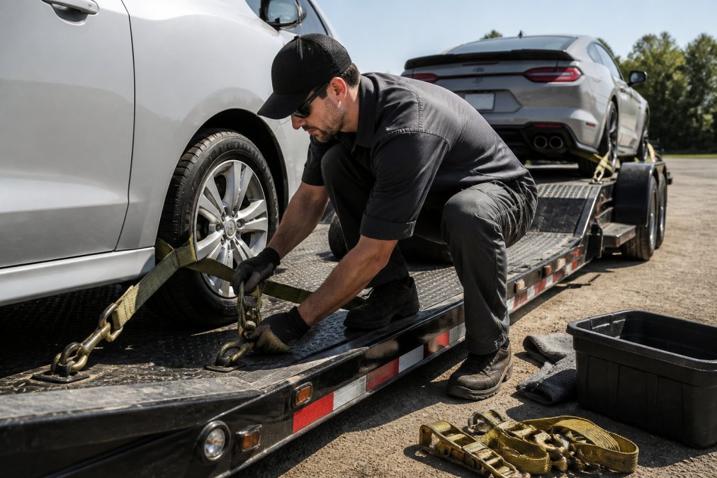 Worker using car transport equipment to tighten a ratchet strap over a vehicle tire on a trailer