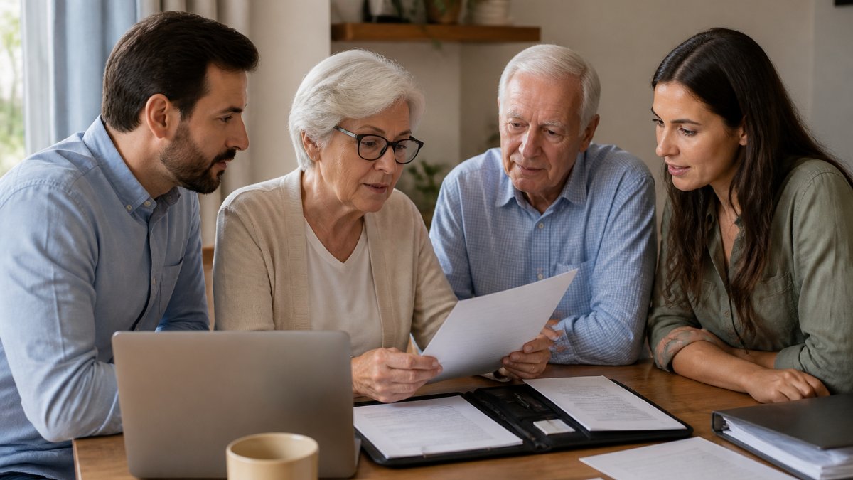 Adult children and parents reviewing important documents together at a dining table with laptop and printed papers, natural afternoon lighting