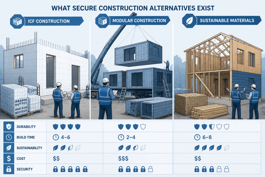 Construction site showing multiple alternative building methods in progress, with ICF concrete blocks stacked alongside modular sections and sustainable materials visible, workers in hard hats inspecting framing