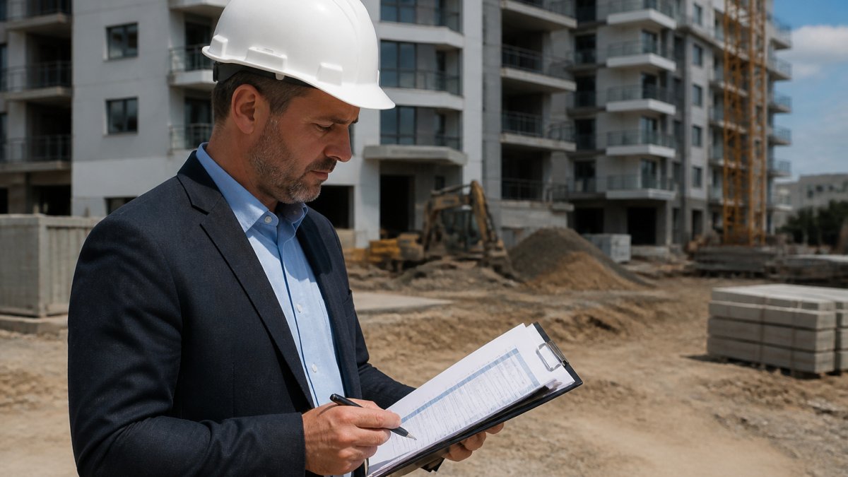 Real estate investor reviewing property contract documents and financial spreadsheets on tablet at construction site with residential building visible in background