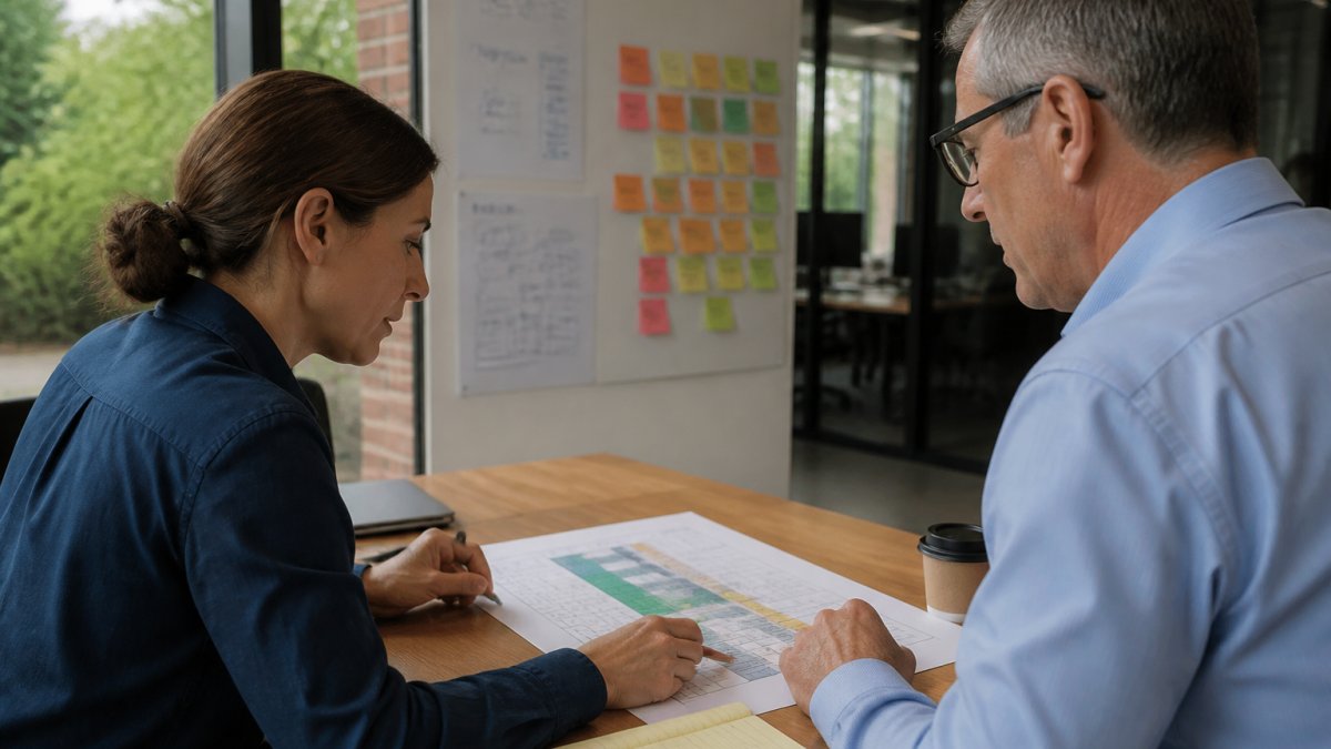 A security director and compliance manager reviewing a control mapping document on a large monitor in a modern office, with sticky notes and a whiteboard visible in the background