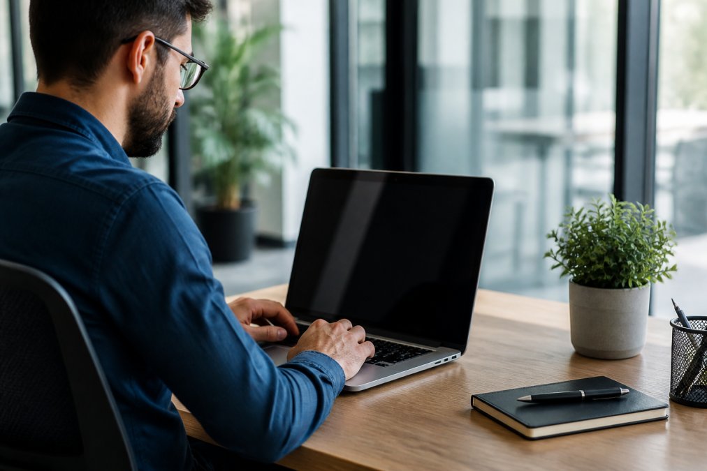 Professional developer working at a laptop displaying secure file conversion interface with lock icon and local processing indicator, natural office lighting