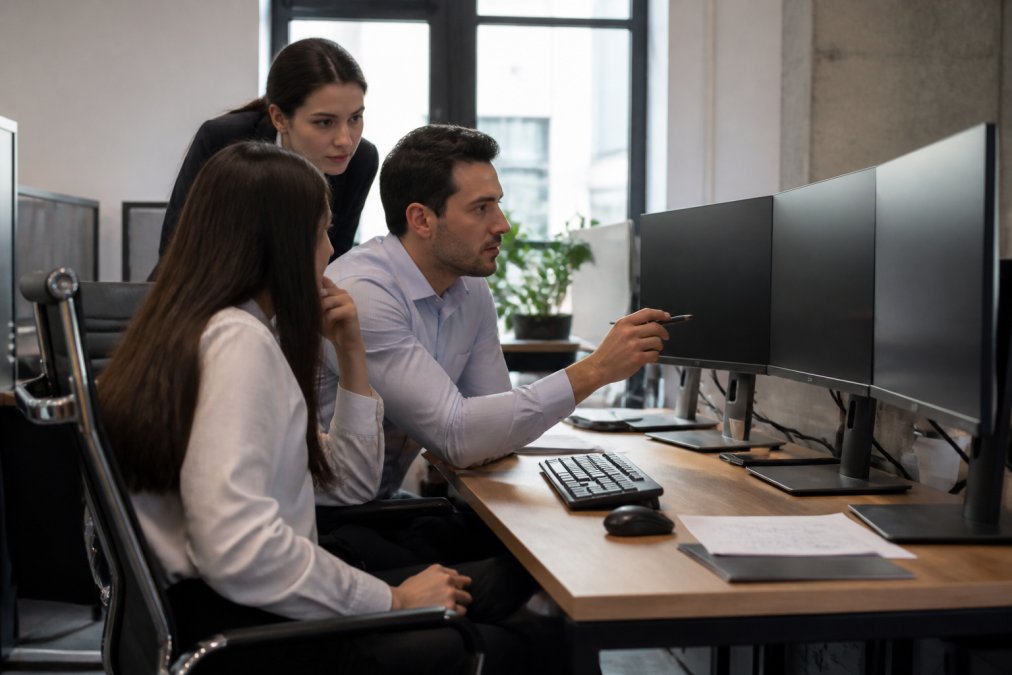 Team of professionals reviewing secure document management dashboards on multiple monitors in modern office with natural lighting