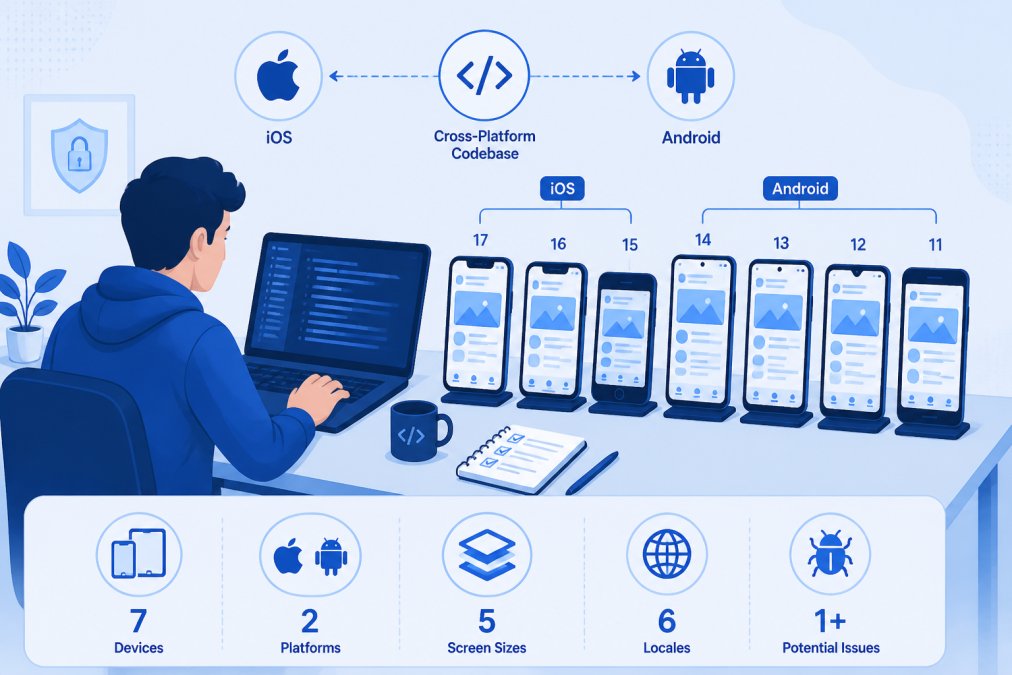 Developer working at a laptop with multiple mobile devices (iOS and Android phones) displayed on a desk showing different security testing screens, demonstrating cross-platform mobile app security testing in a modern development environment
