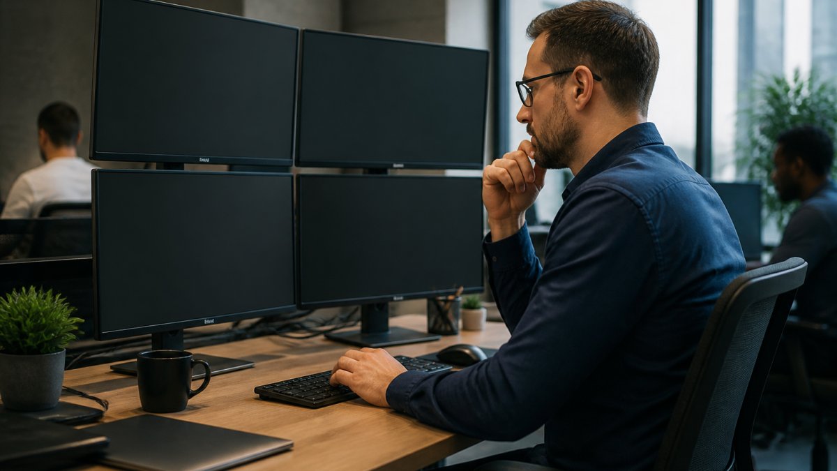 Database administrator at a desk monitoring SQL Server cloning process on multiple monitors, with secure data masking workflow visible on screen and audit logs displayed in background