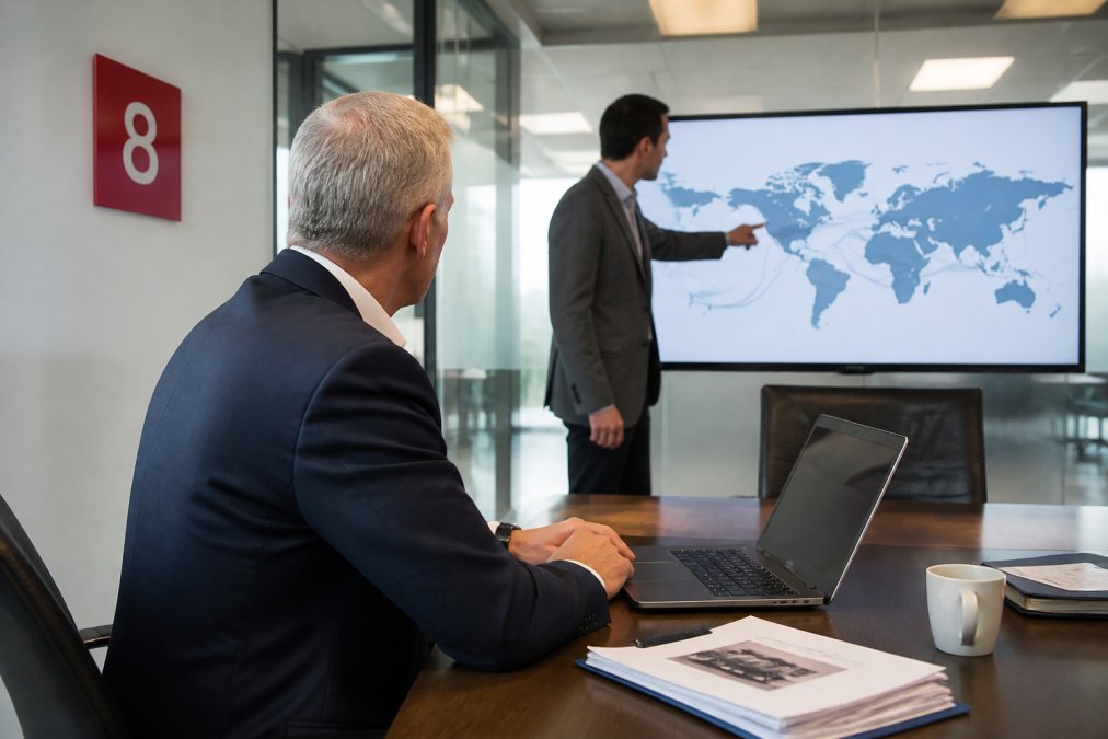 Senior procurement executive reviewing secure supply chain documents on a laptop in a glass-walled office, colleague pointing at a world map on a large screen showing shipping routes