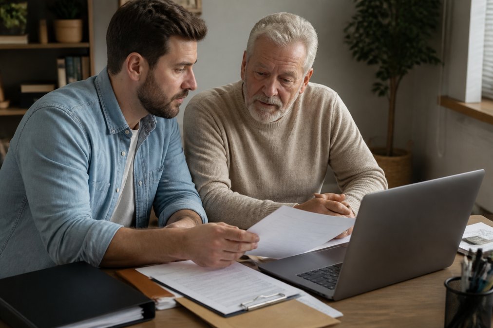 Adult child and parent sitting together at a desk reviewing important documents and financial records on a laptop, with printed documents and a folder visible on the desk in natural office lighting