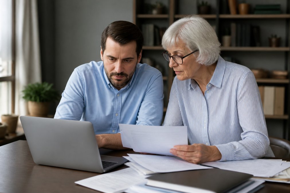 Adult child and parent sitting together at a desk reviewing important documents and financial records on a laptop, with printed documents and a folder visible on the desk in natural office lighting