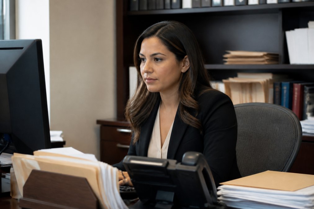 Professional legal assistant reviewing secure document delivery confirmation on computer screen in organized law office with case files and desk phone visible