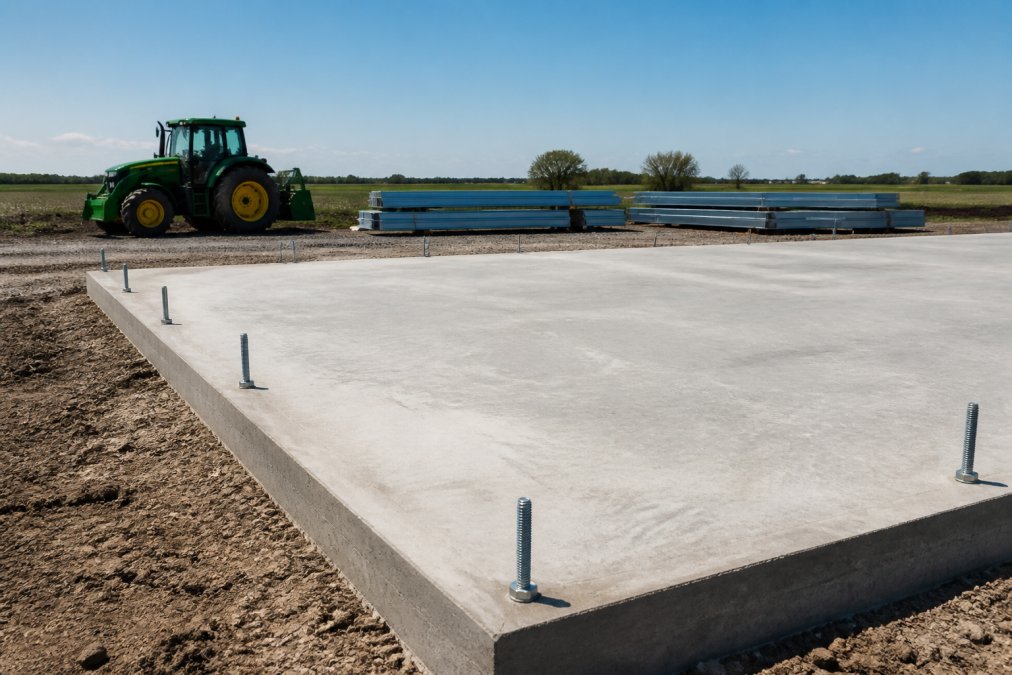 Concrete foundation with anchor bolts prepared for secure equipment storage metal buildings on a farm site