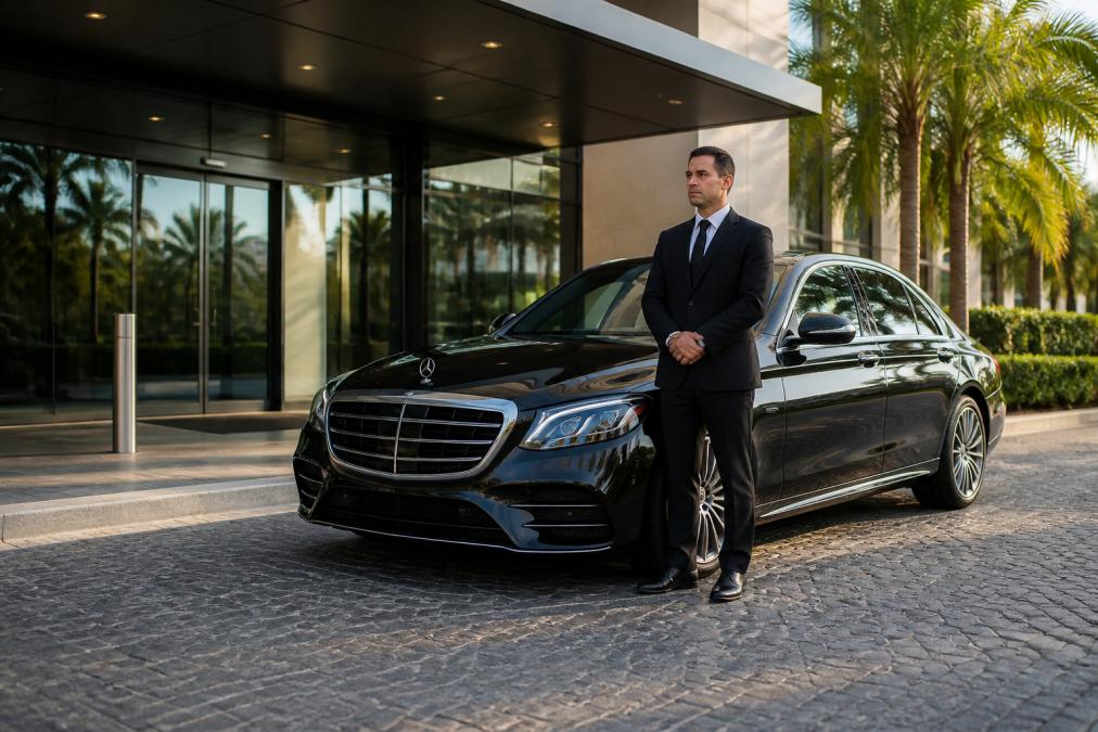 Professional chauffeur in formal attire standing beside a luxury Mercedes-Benz sedan, displaying professional posture and confidence in front of a modern corporate building entrance with morning sunlight
