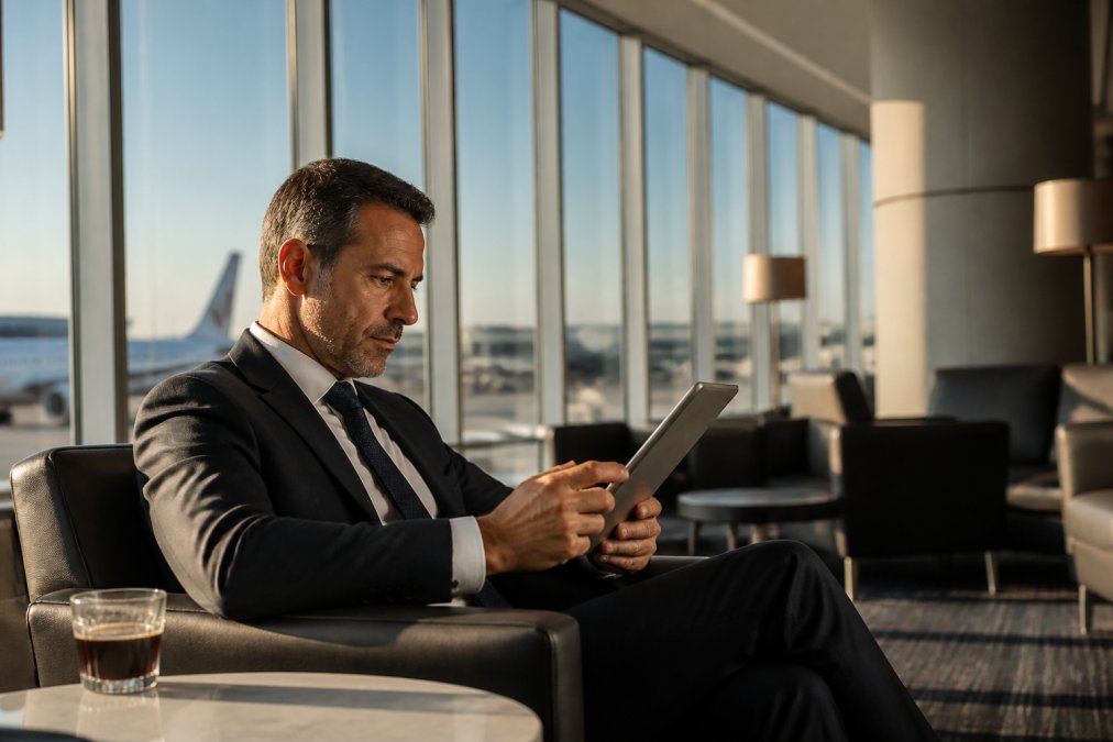 Corporate executive using a tablet to book transportation while sitting in a modern airport lounge with floor-to-ceiling windows, afternoon sunlight streaming across the screen