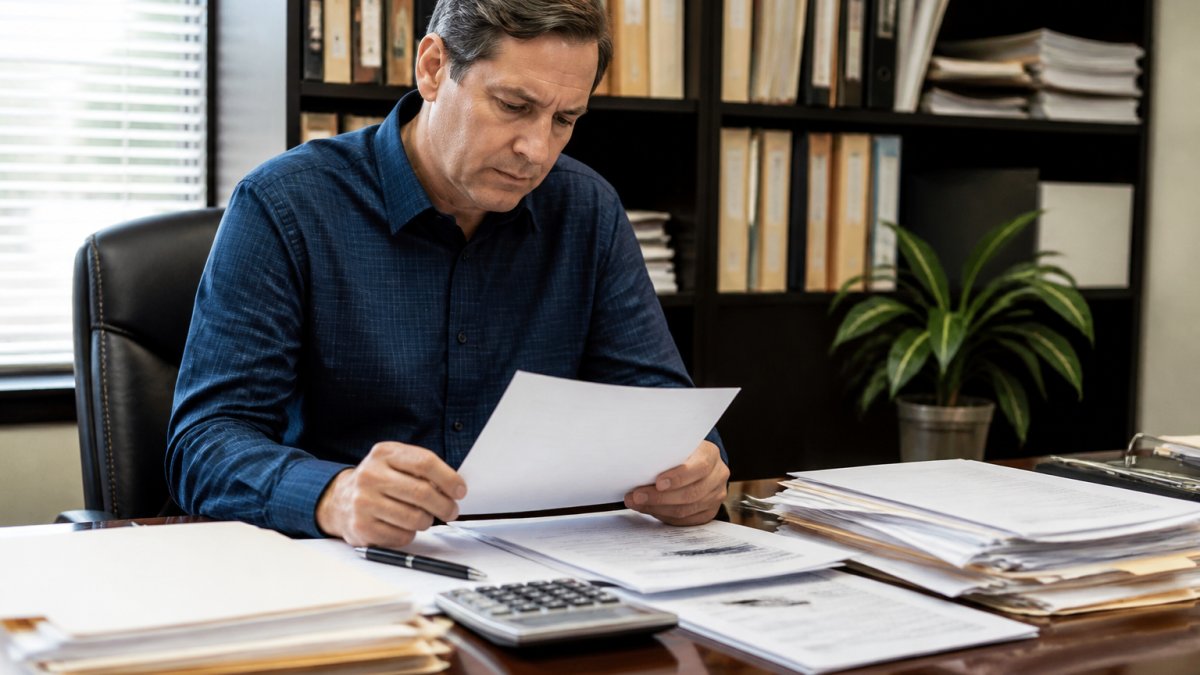 Property owner reviewing financial documents and a calculator to secure fast property funding at an office desk