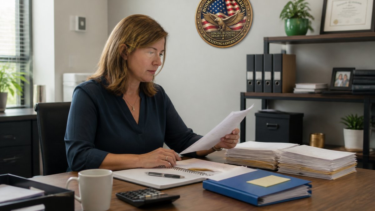 Small business owner sitting at desk reviewing financial documents on computer screen with secure lock icon in background, natural office lighting