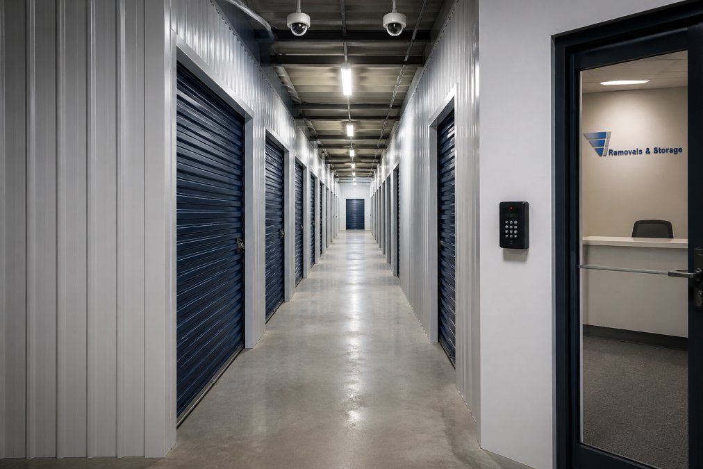 Professional storage facility interior showing secure units with metal doors, security cameras mounted on ceiling, and well-lit aisles with access control entry point