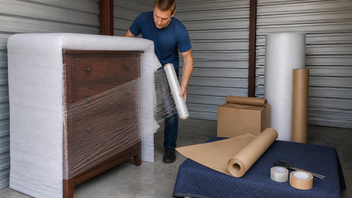 A person wrapping a wooden dresser with furniture wrap and foam padding inside a clean storage unit, with packing paper and tape nearby