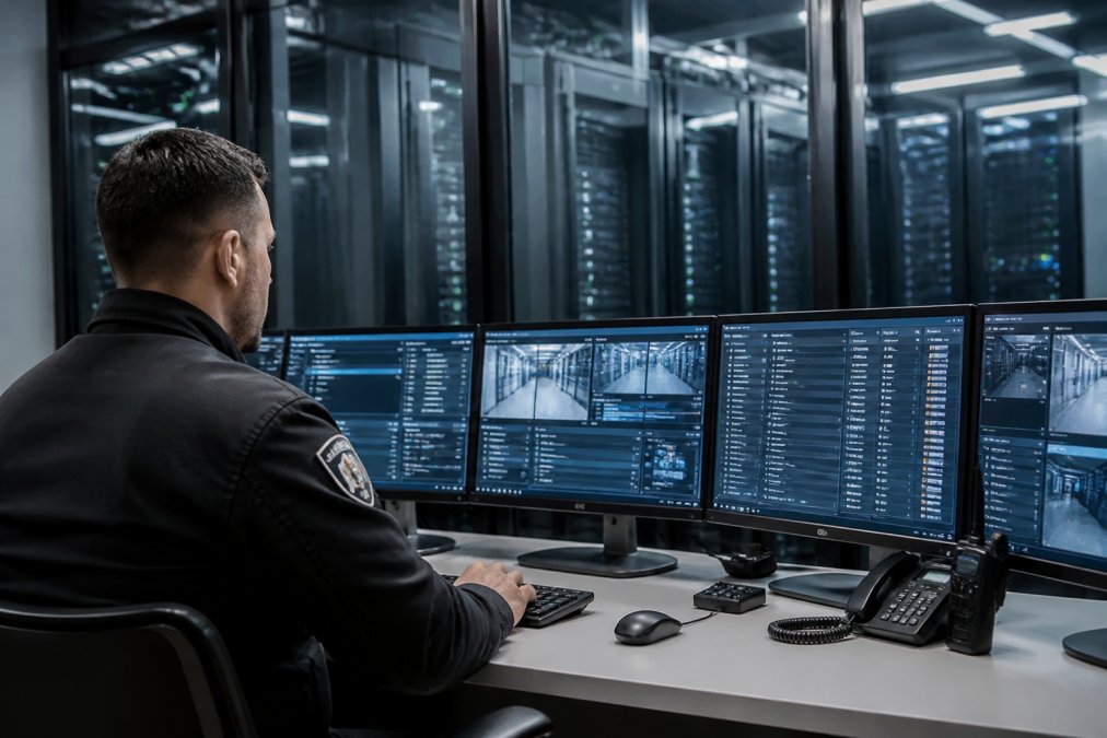 Hotel security officer monitoring multiple screens displaying encrypted data streams and access logs in a secure server room with dim blue lighting and rows of server equipment