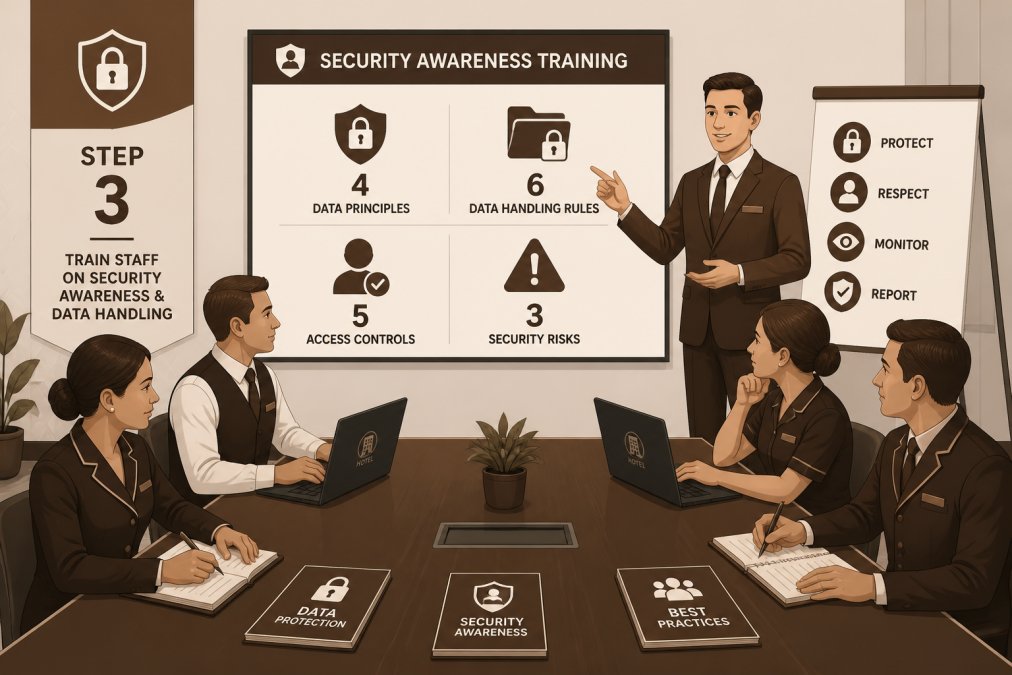 Hotel staff members in a training session, gathered around a conference table with laptops and security awareness materials, engaged with an instructor presenting data protection concepts