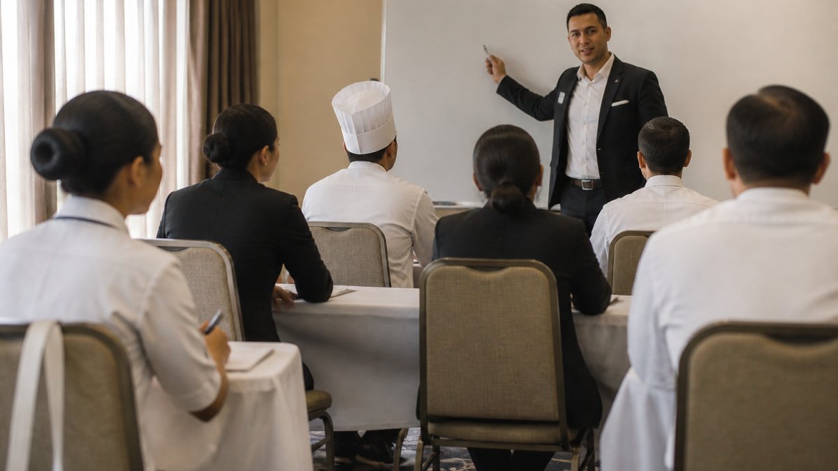 Hotel staff attending a training session to learn how to secure hotel guest data from cyber threats
