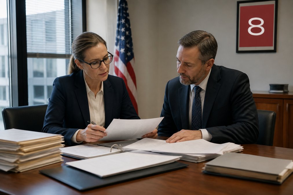 A compliance officer reviewing defense contract documents with a colleague in a secure office, both wearing business attire, with folders and a laptop on the desk