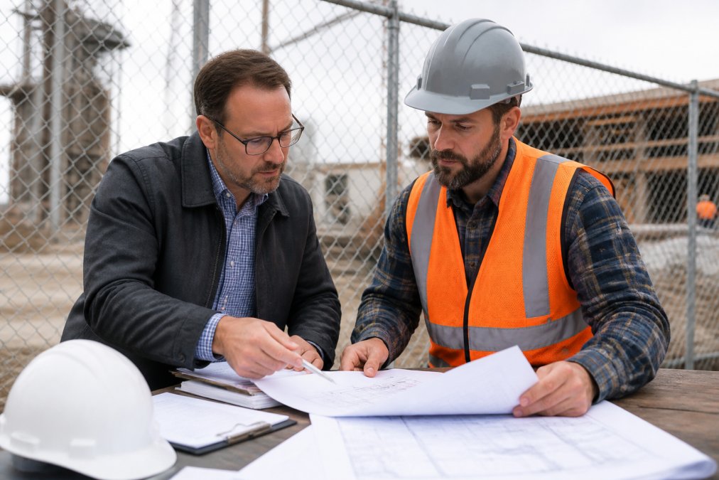 Process diagram for hiring contractors to maintain secure job sites at commercial properties