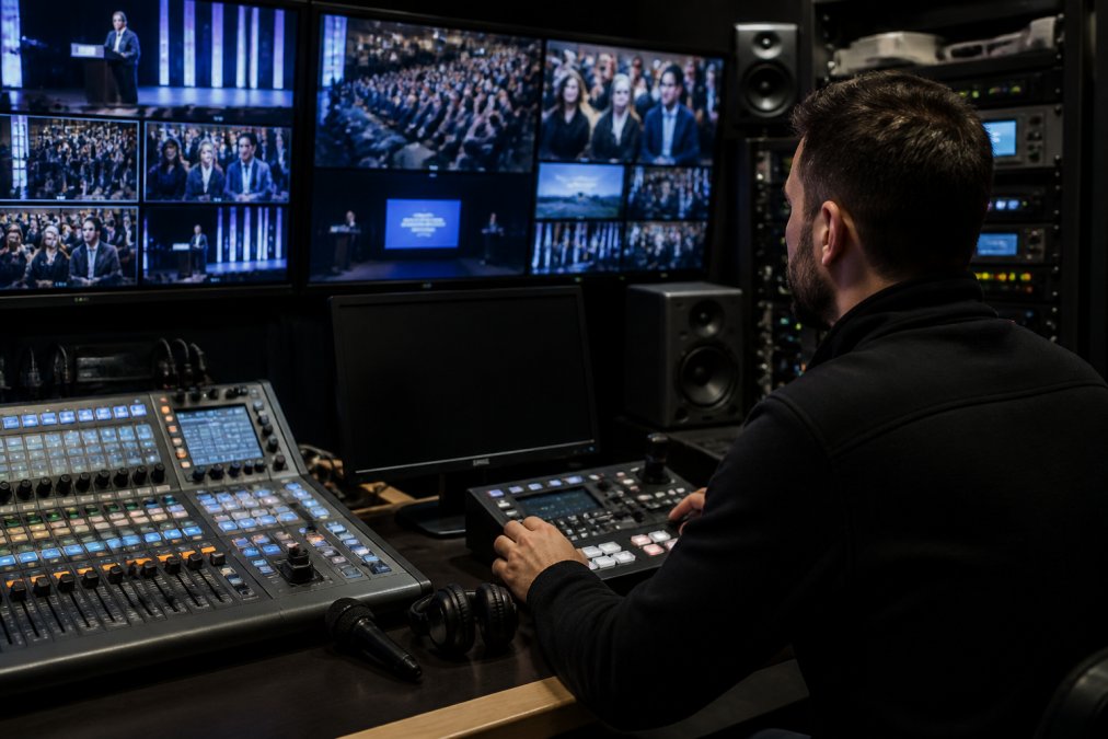 IT professional monitoring a secure live streaming for corporate communications broadcast in a modern control room