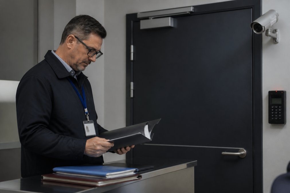 IT security professional reviewing authentication logs and access control systems on multiple monitors in a secure government office environment, with security badges and restricted access signage visible