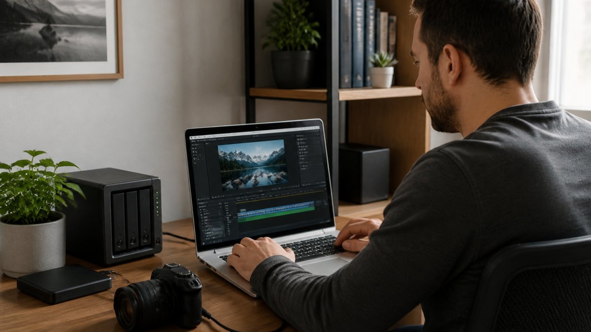 Professional working at a Mac laptop in a secure home office environment, with a video file visible on screen, demonstrating focused media conversion work in a private setting