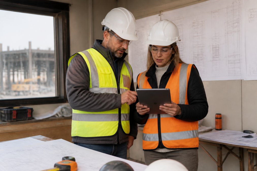 Two safety inspectors in hard hats reviewing exported field reports and geotagged photos on a tablet at a construction site office with blueprints and equipment visible in the background