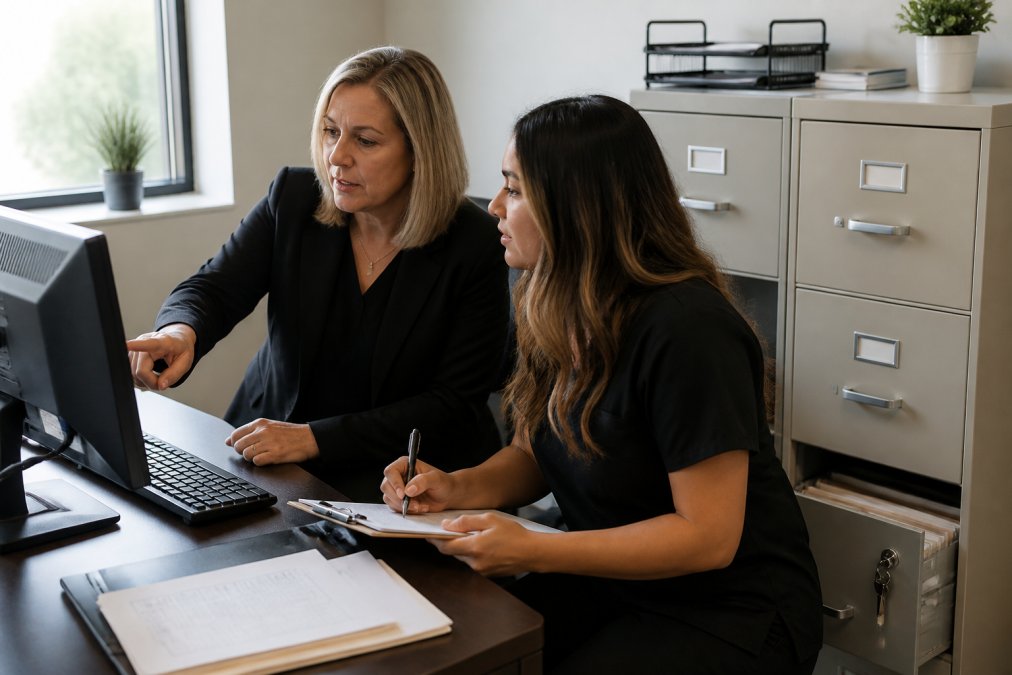 A cosmetology school administrator and a staff member reviewing student records on a desktop computer in a bright, organized office. The administrator points at the screen while the staff member takes notes on a clipboard. Filing cabinets and a locked drawer are visible in the background.
