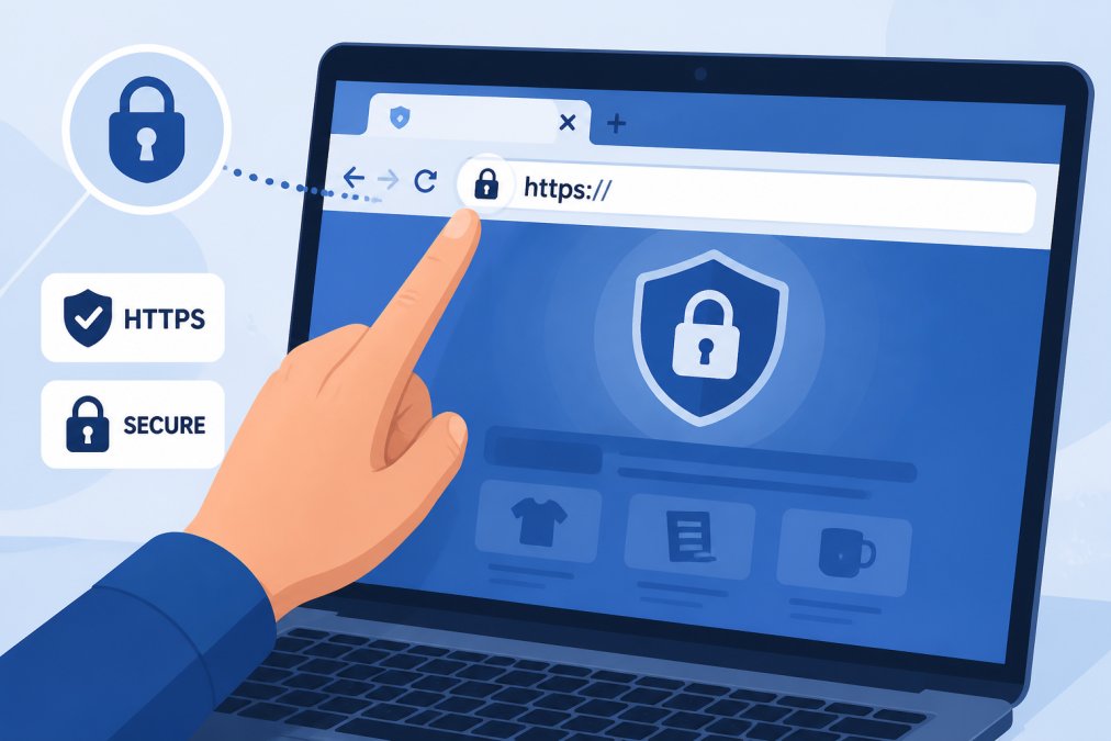 Close-up of a laptop screen displaying a padlock icon and https:// URL in the browser address bar, with a person's hand pointing to the security indicator in the address bar