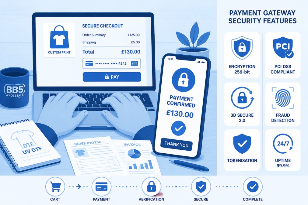 Hands typing on a keyboard with a smartphone displaying a payment confirmation screen showing a secure checkout interface, with business documents and a coffee cup on a wooden desk