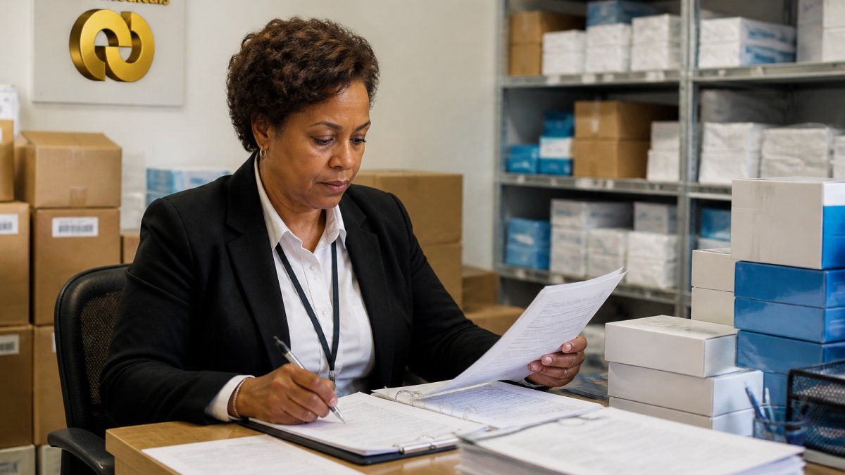 Healthcare administrator managing secure payments medical supplies on a desktop in a hospital office