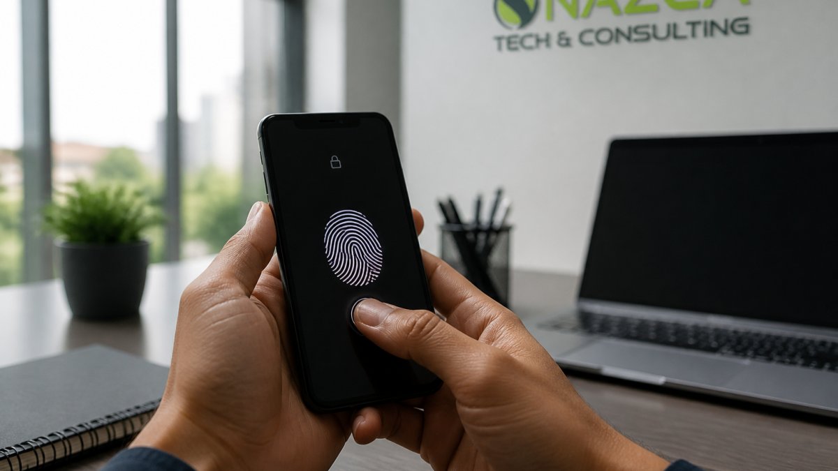 Hands using biometric authentication on a smartphone to secure personal devices in a bright office setting