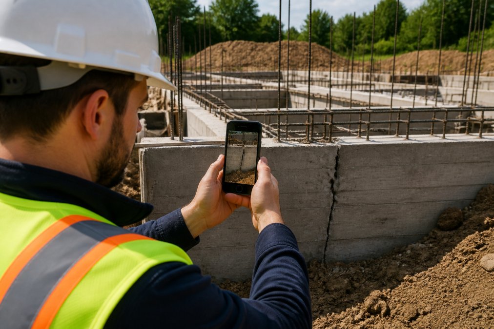 Field inspector holding an Android device photographing construction site foundation defect, with visible GPS location marker and timestamp displayed on screen in bright daylight