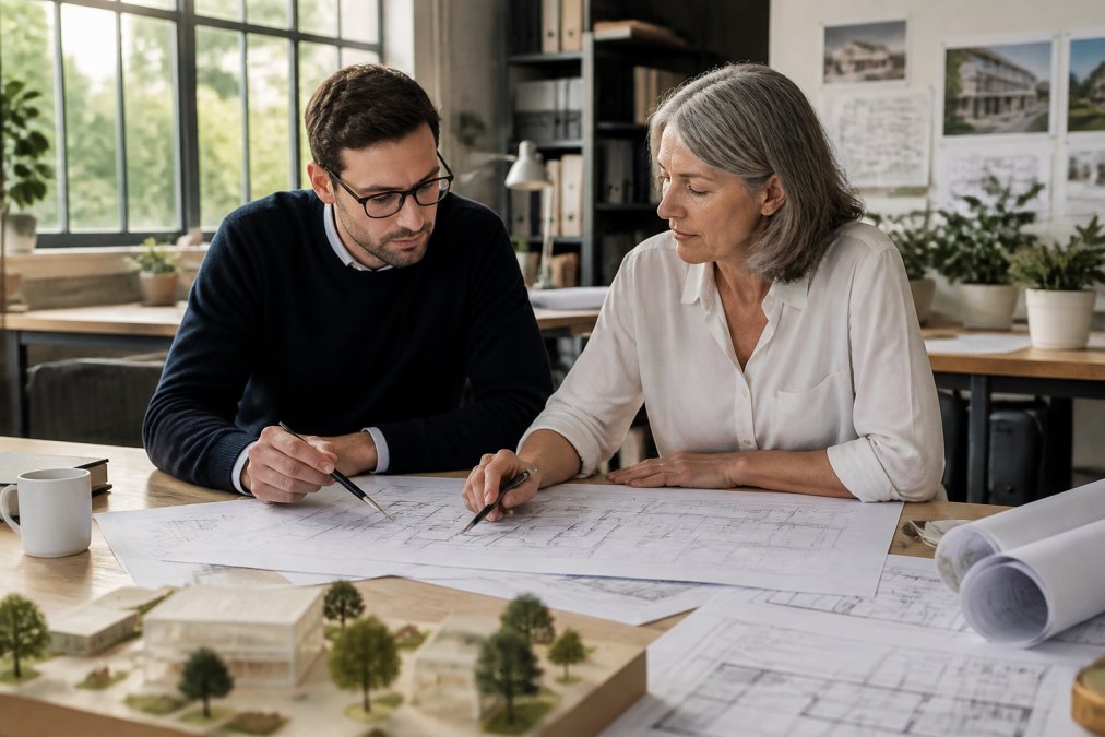 Architect and client reviewing detailed planning drawings and site plans together at a desk in a professional office setting, with natural light from windows illuminating architectural models and documentation